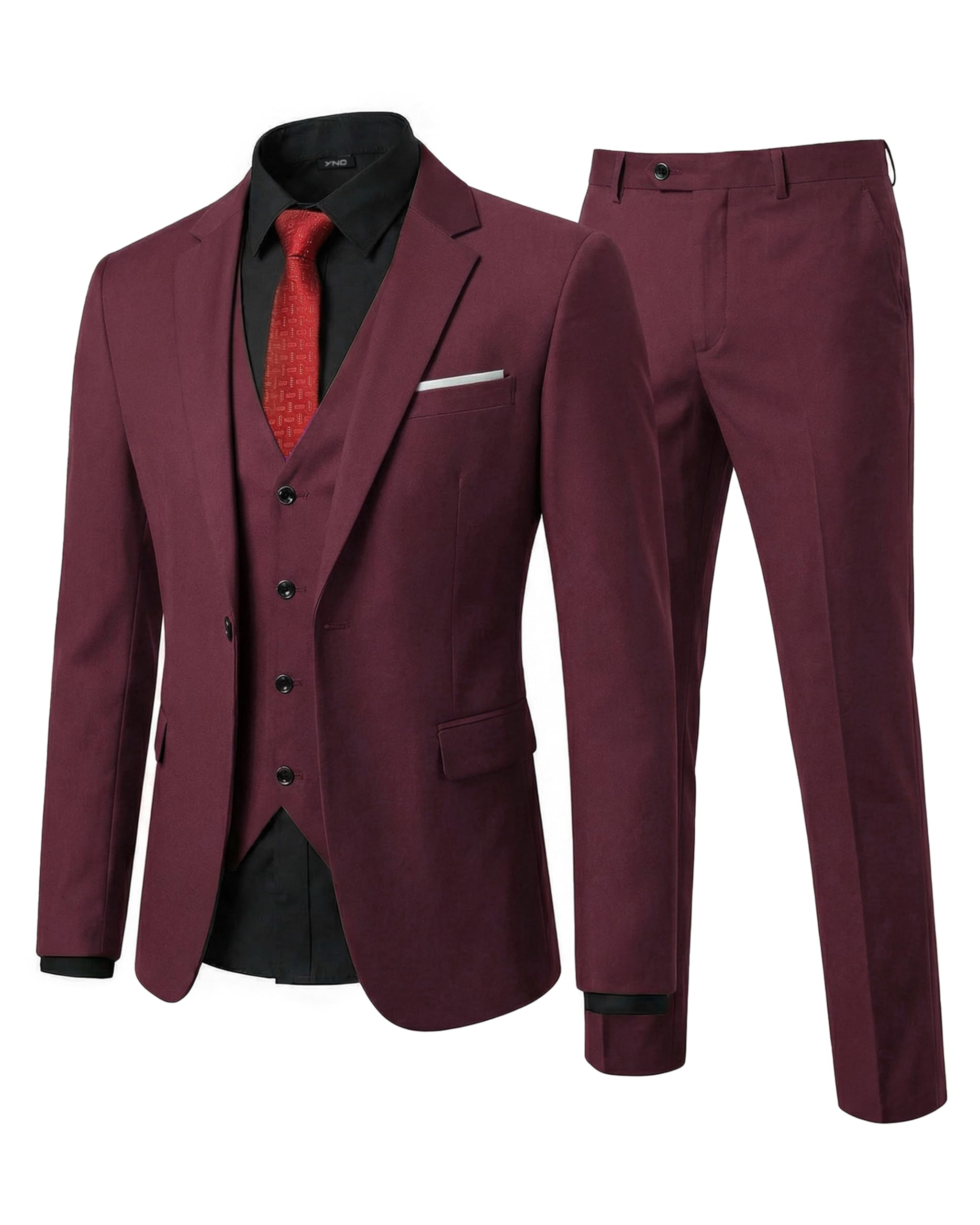 MrSure burgundy slim-fit three-piece suit set with tie for wholesale wedding, prom, formalwear retail, and group programs